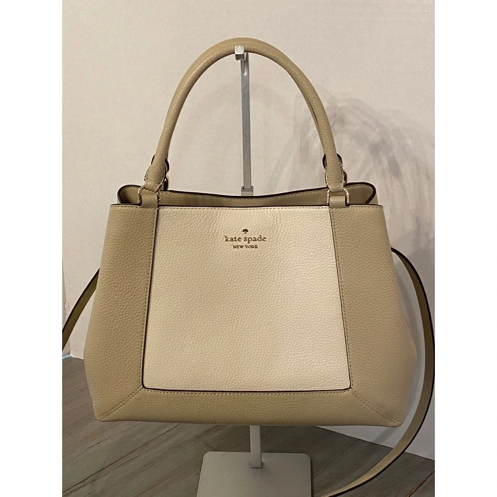 Kate Spade New York Pebbled Leather Satchel Crossbody Bag Beige Cream Two-Tone